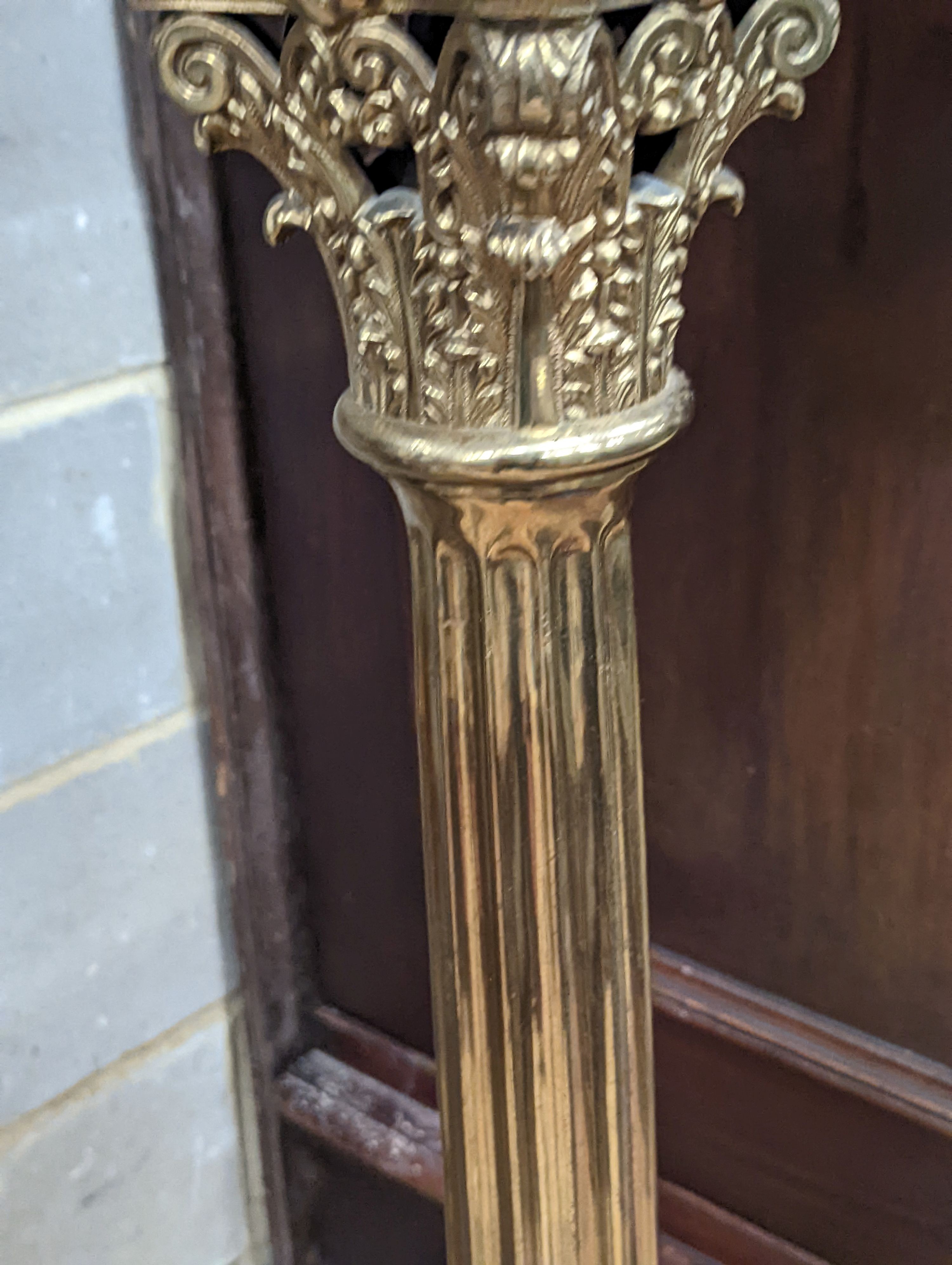 A late Victorian lacquered brass corinthian column oil lamp standard, converted to electricity, height excluding shade 144cm